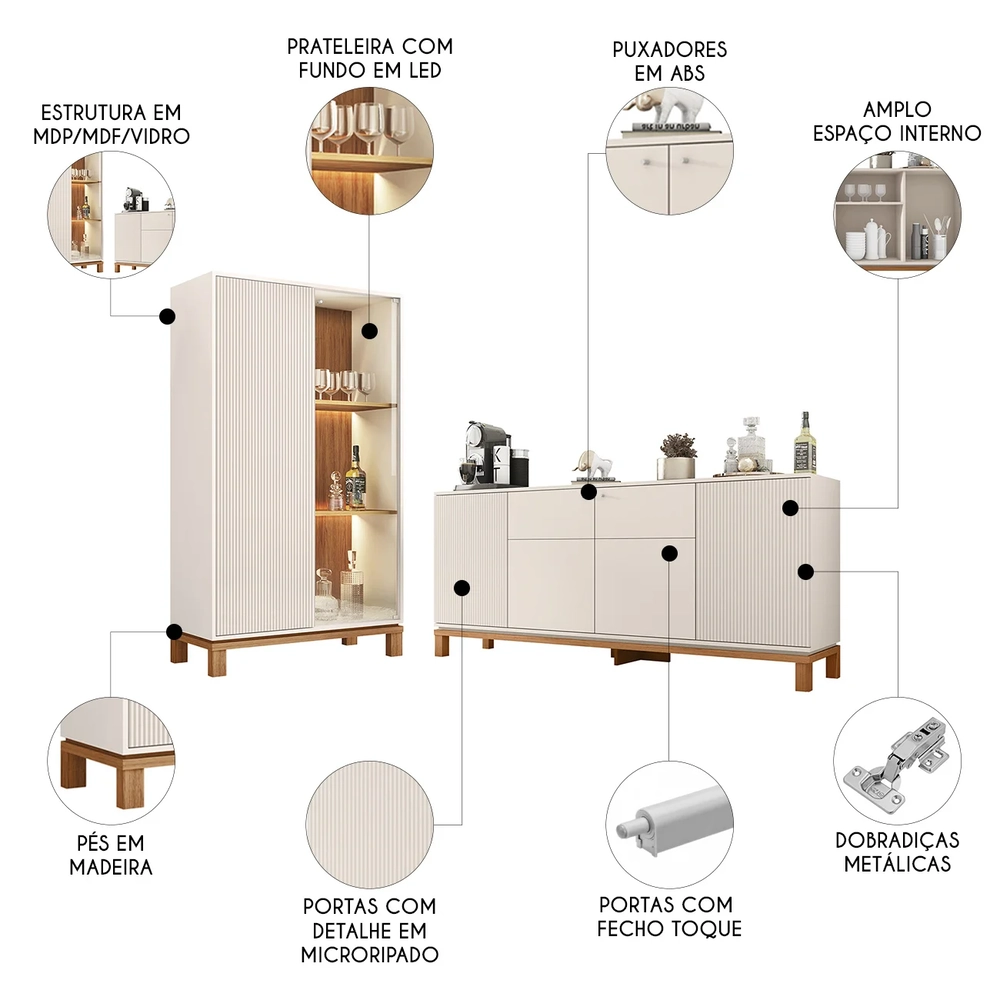 Buffet Aparador e Cristaleira com LED Lucca Off White/Freijó C01 - Mpozenato