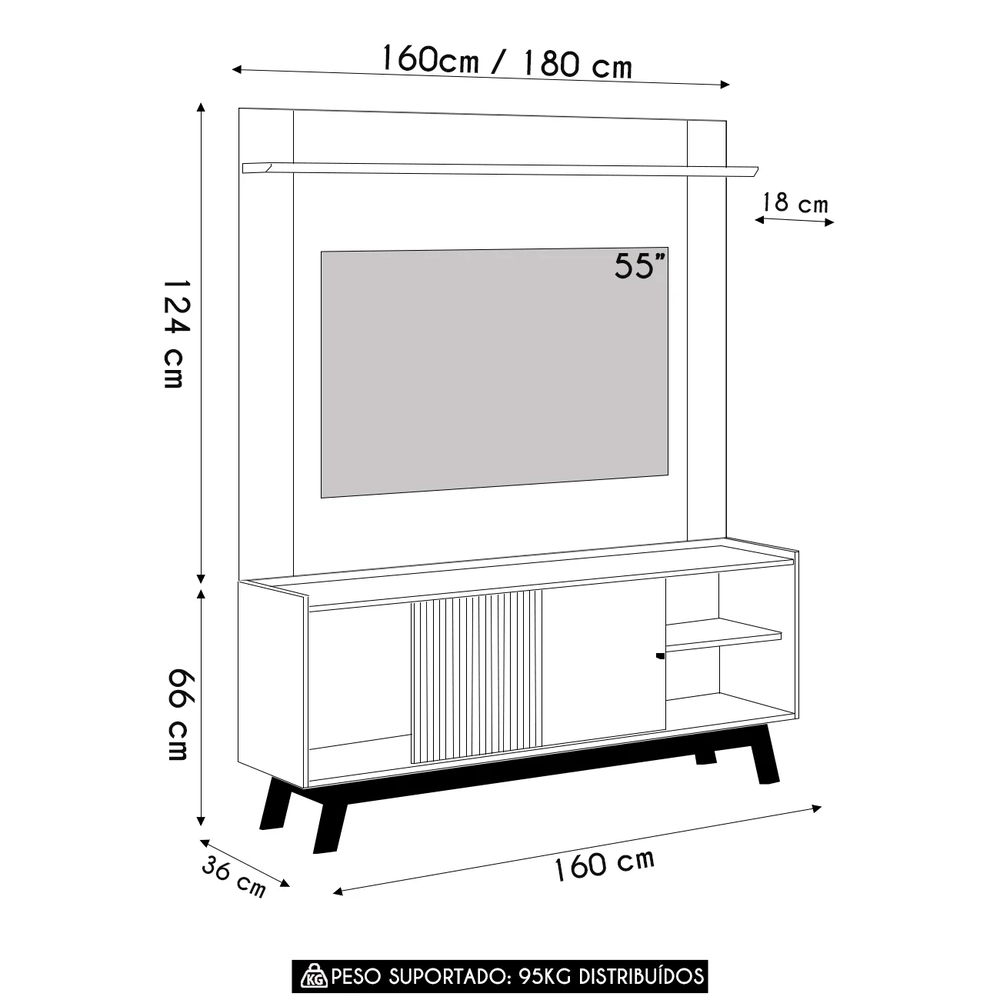 Painel TV 55 Pol Lana e Rack 160cm Arum Nature/Off Flex L06 - Mpozenato