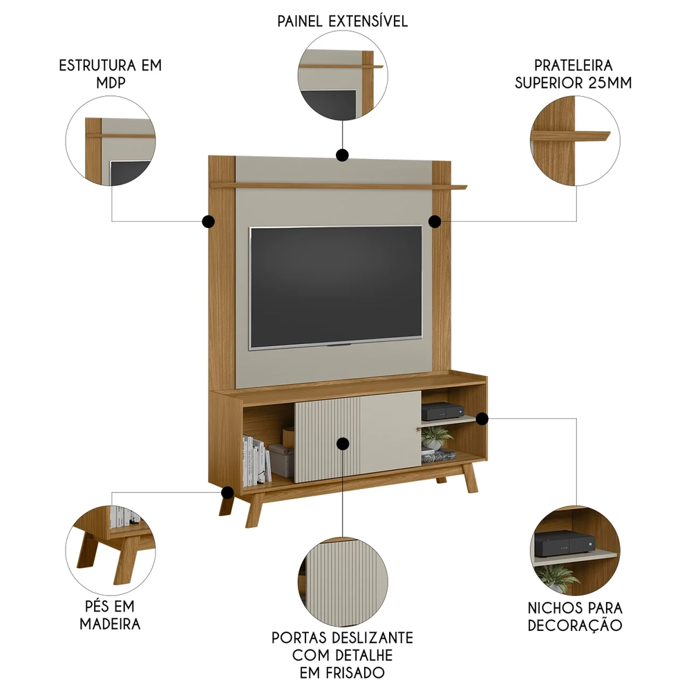 Painel TV 55 Pol Lana e Rack 160cm Arum Nature/Off Flex L06 - Mpozenato