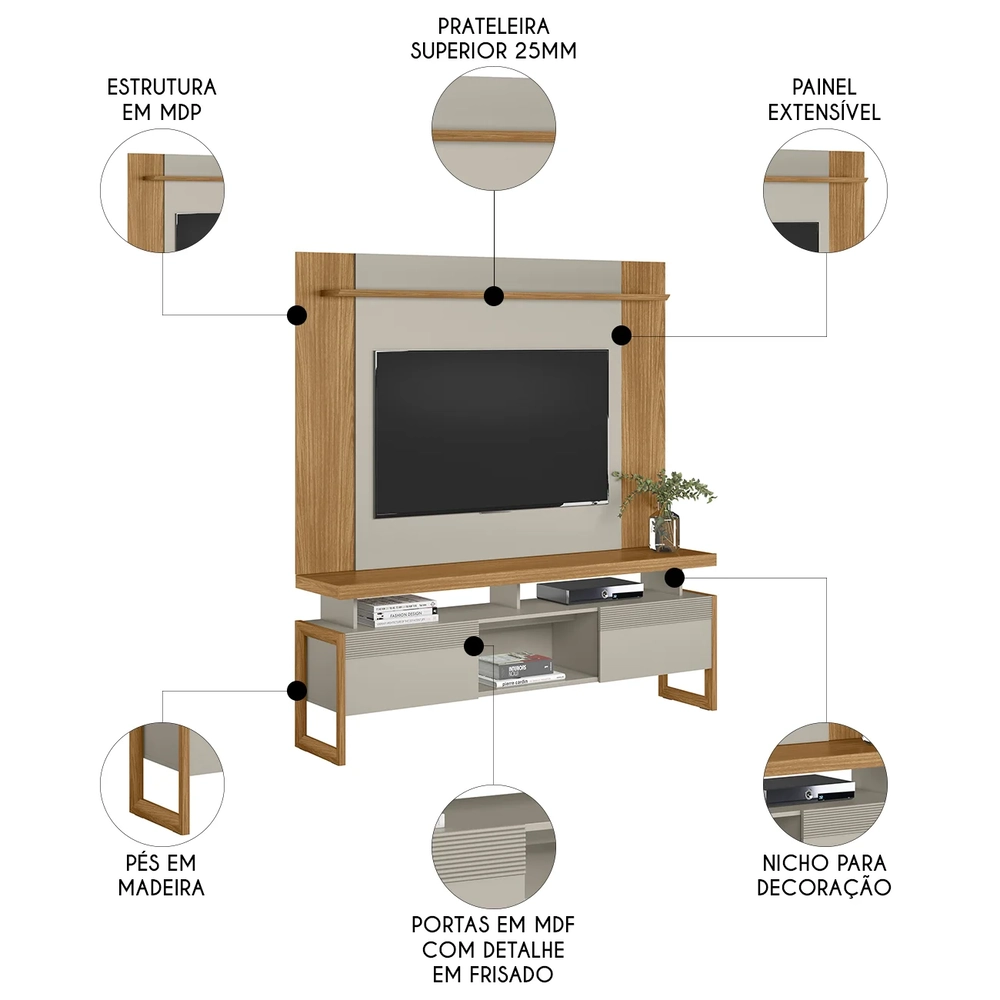Painel TV 55 Pol Lana e Rack 180cm Agata Nature/Off Flex L06 - Mpozenato