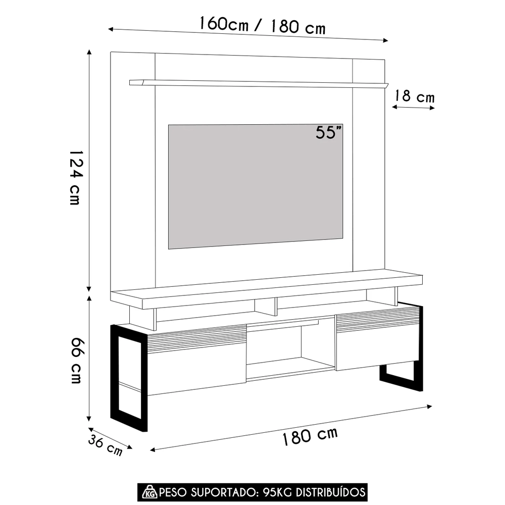 Painel TV 55 Pol Lana e Rack 180cm Agata Nature/Off Flex L06 - Mpozenato