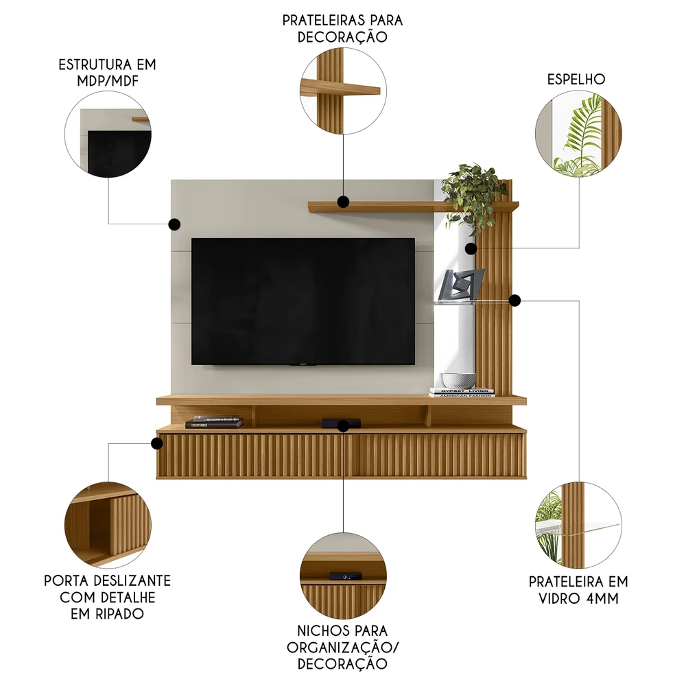 Painel TV 60 Pol e Bancada Suspensa Cherry Nature/Off L06 - Mpozenato