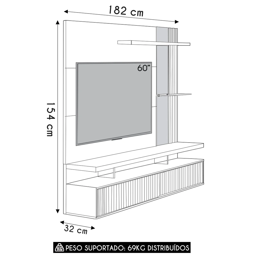 Painel TV 60 Pol e Bancada Suspensa Cherry Nature/Off L06 - Mpozenato