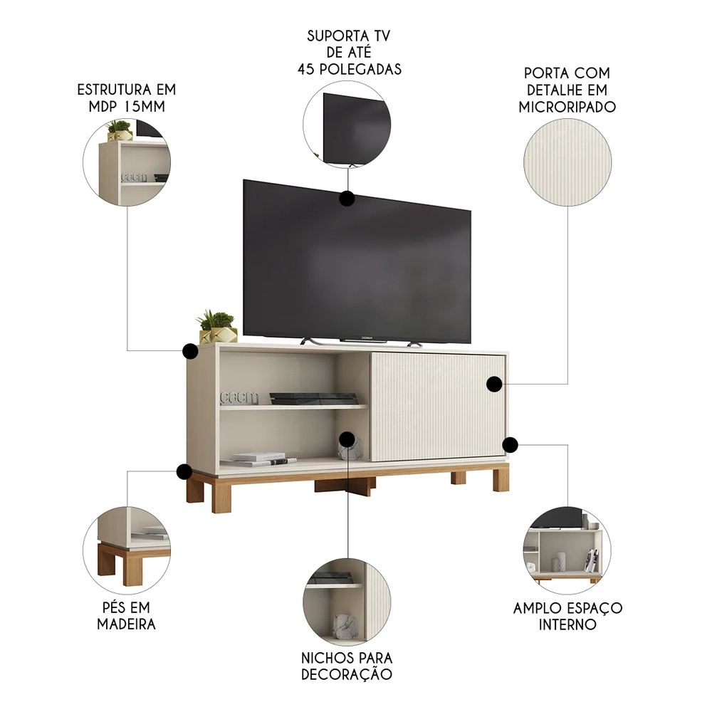 Rack Bancada Para TV 45 Pol 136cm Lucca Off White/Freijó C01 - Mpozenato