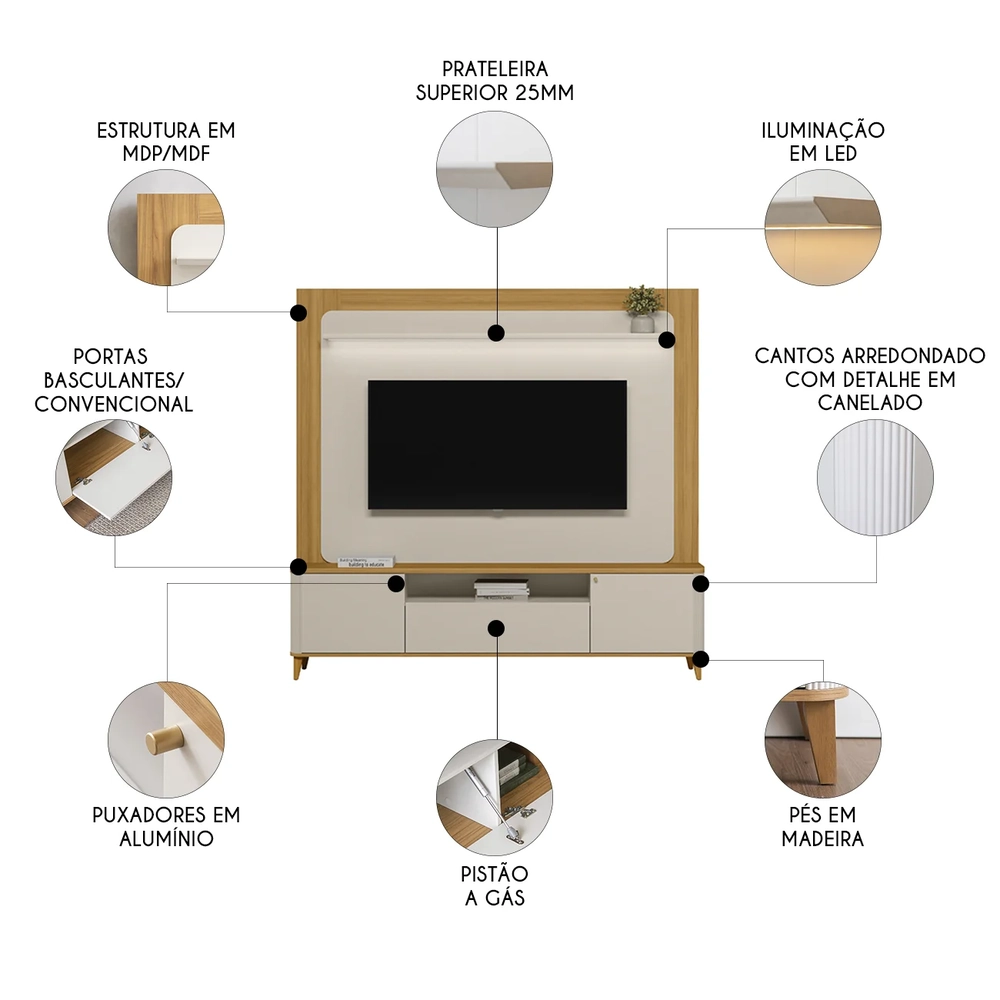 Estante Painel Para TV 70 Pol 200cm Malik Tauari/Off L06 - Mpozenato