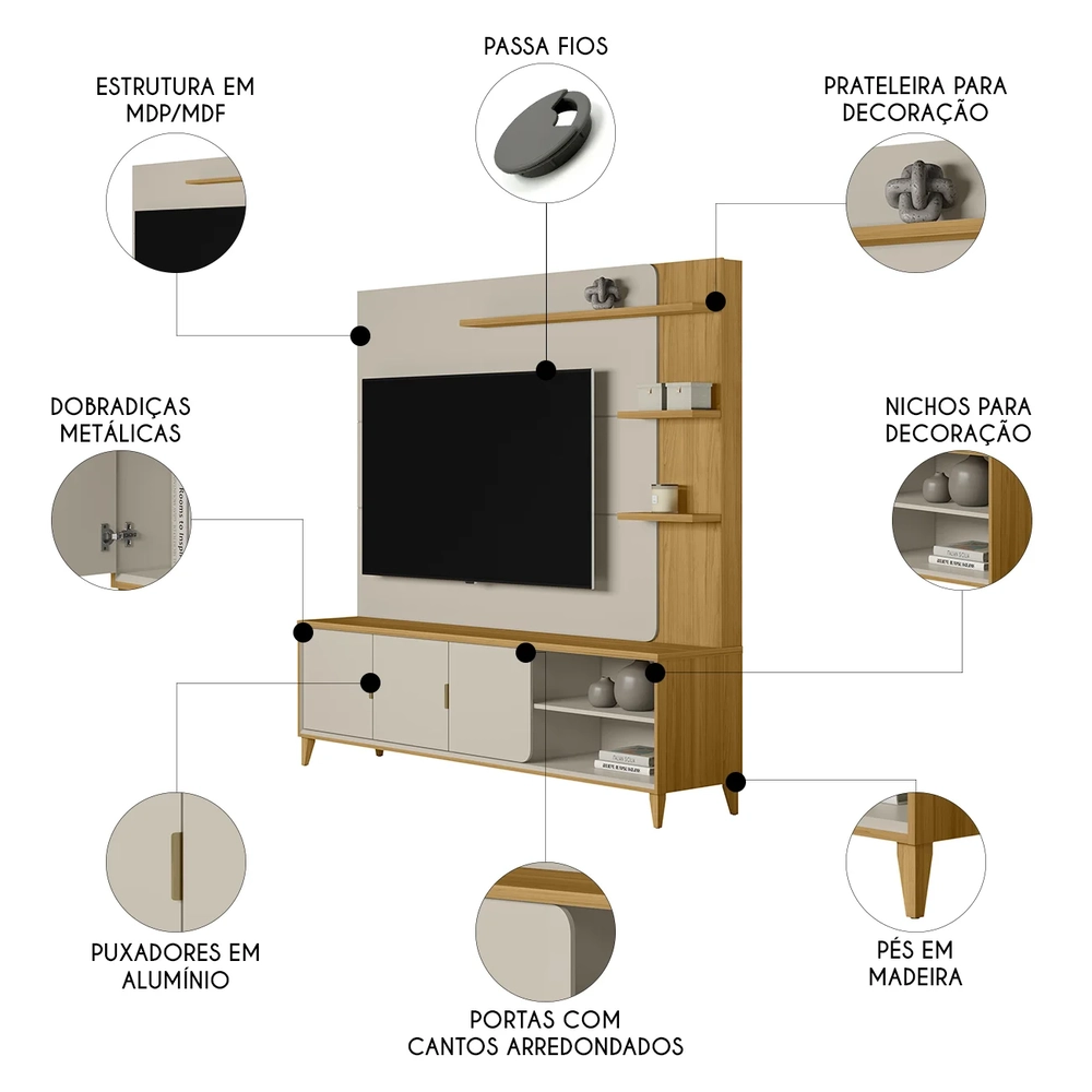 Estante Painel Para TV 70 Pol 200cm Apollo Tauari/Off L06 - Mpozenato