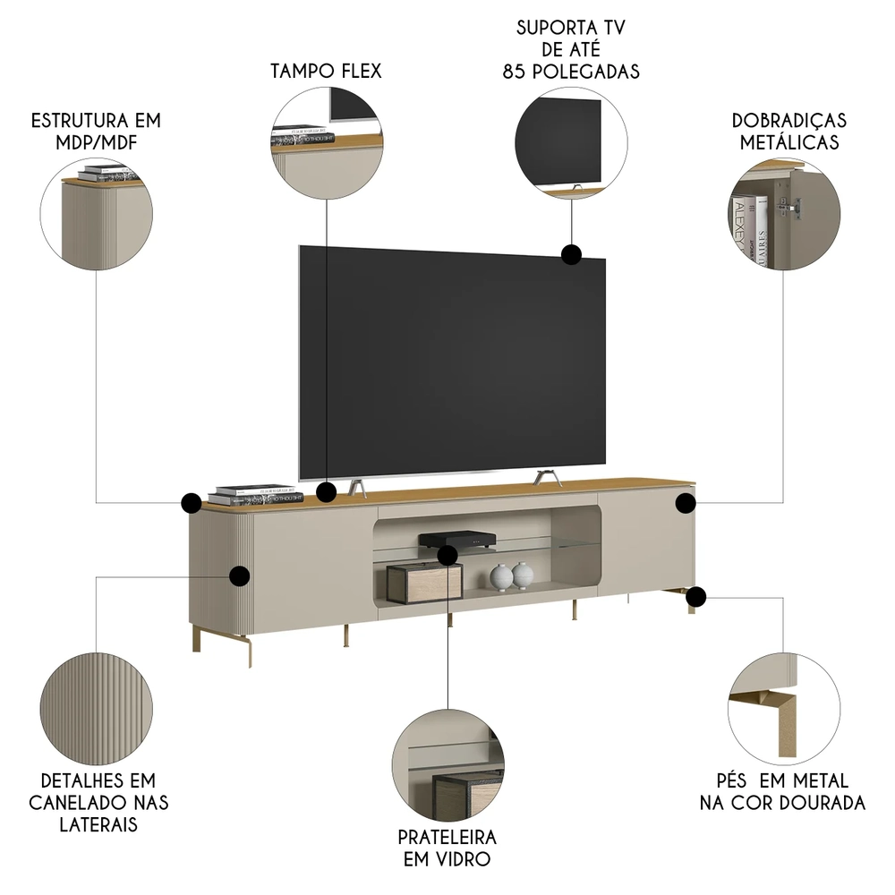 Rack Bancada Para TV 85 Pol 239cm Martan Tauari/Off Flex L06 - Mpozenato