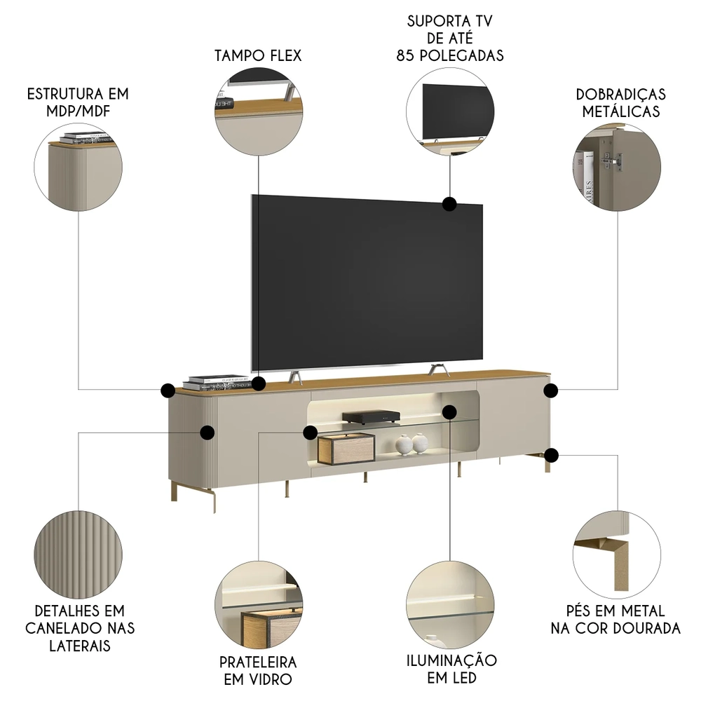 Rack Bancada TV 85 Pol 239cm com LED Martan Tauari/Off Flex L06 - Mpozenato