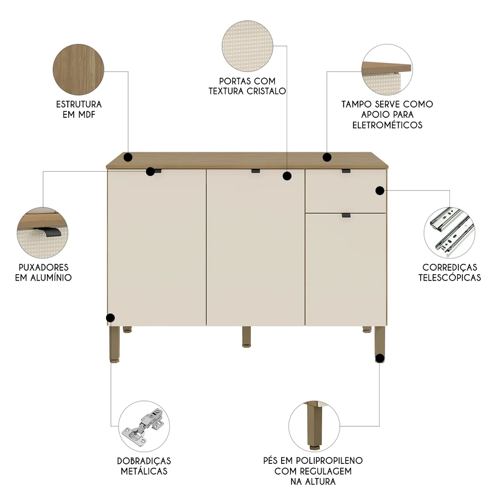Balcão de Cozinha Com Tampo 120cm Laura Plus Soft/Freijó Z06 - Mpozenato