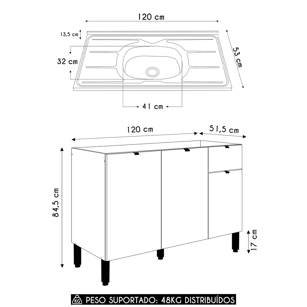 Balcão de Cozinha Com Pia 120cm Laura Plus Soft/Freijó Z06 - Mpozenato