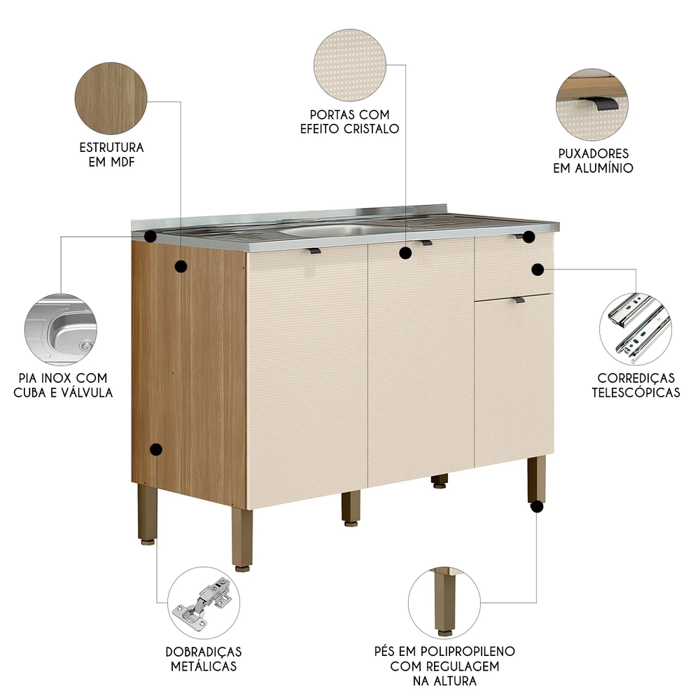 Balcão de Cozinha Com Pia 120cm Laura Plus Soft/Freijó Z06 - Mpozenato