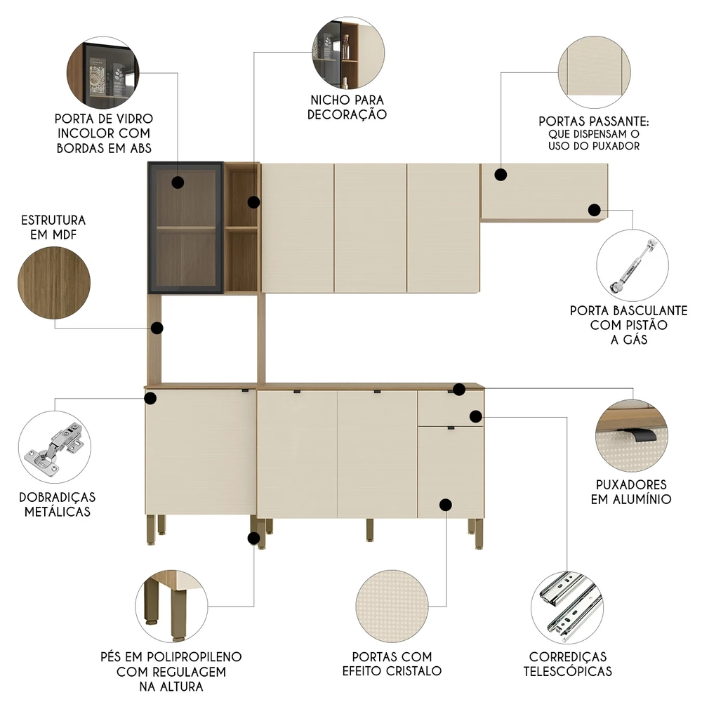 Cozinha Compacta Com Balcão 251cm Laura Plus Soft/Freijó Z06 - Mpozenato