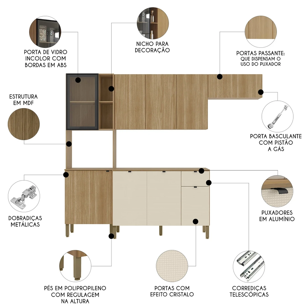 Cozinha Compacta Com Balcão 251cm Laura Plus Freijó/Soft Z06 - Mpozenato
