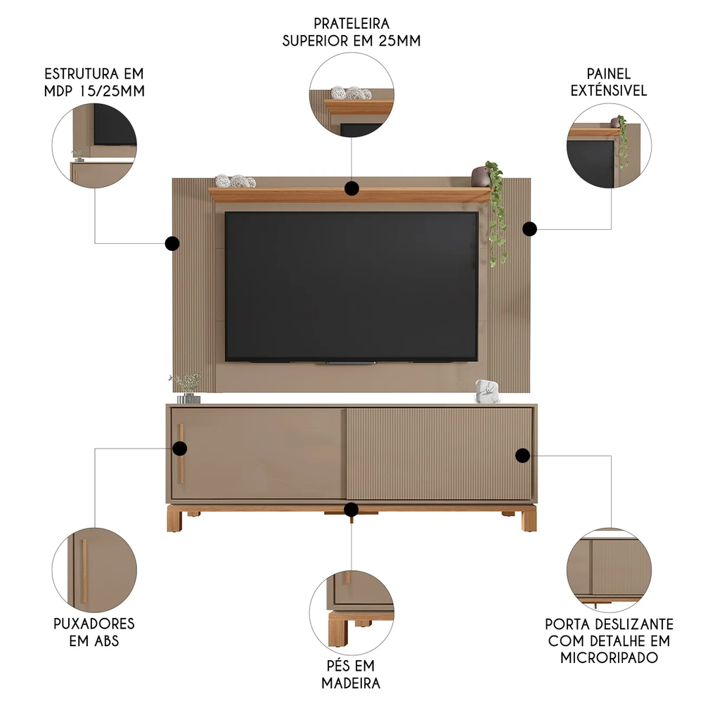 Painel Para TV 65 Pol e Rack Bancada 180cm Lucca Areia/Freijó C01 - Mpozenato