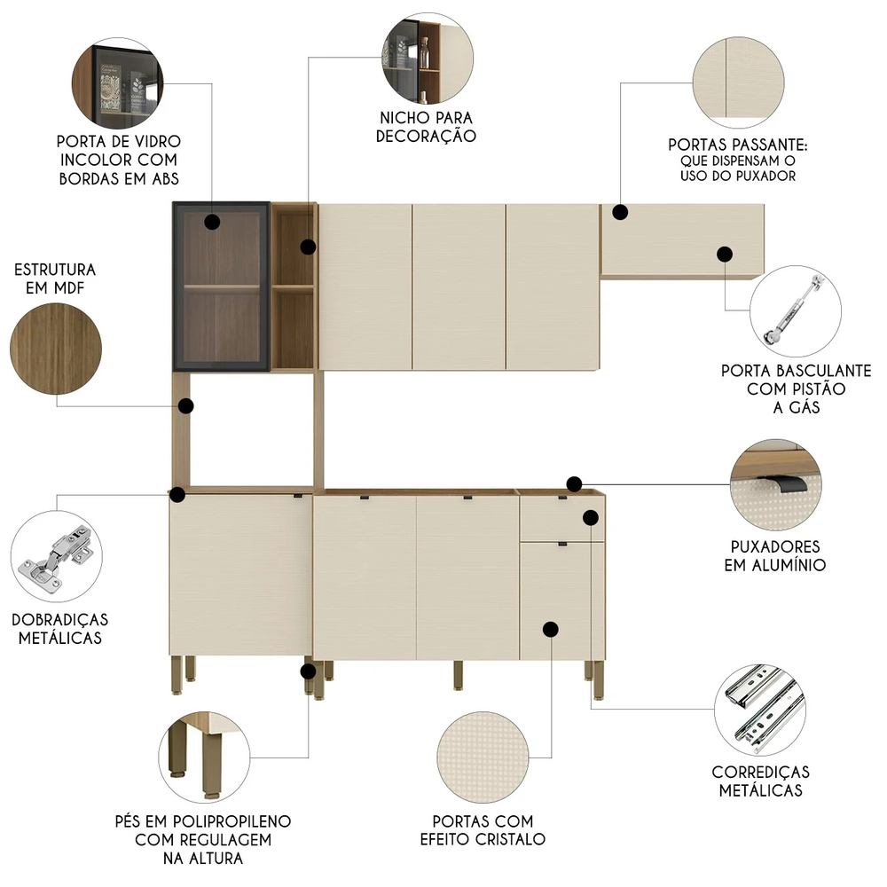 Cozinha Compacta Balcão Sem Tampo Laura Plus Soft/Freijó Z06 - Mpozenato