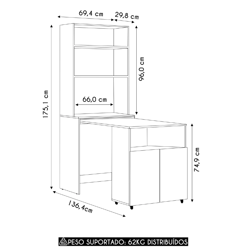 Estante Escrivaninha Com Mesa Bancada Retrátil Salt Branco Z06 - Mpozenato