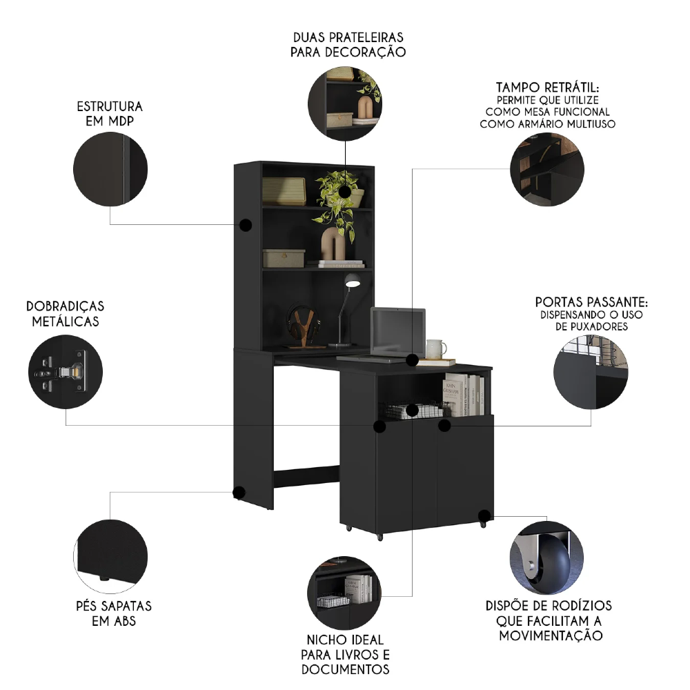 Estante Escrivaninha Com Mesa Bancada Retrátil Salt Preto Z06 - Mpozenato