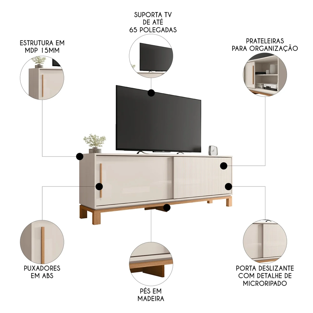 Rack Bancada Para TV 65 Pol 180cm Lucca Off White/Freijó C01 - Mpozenato