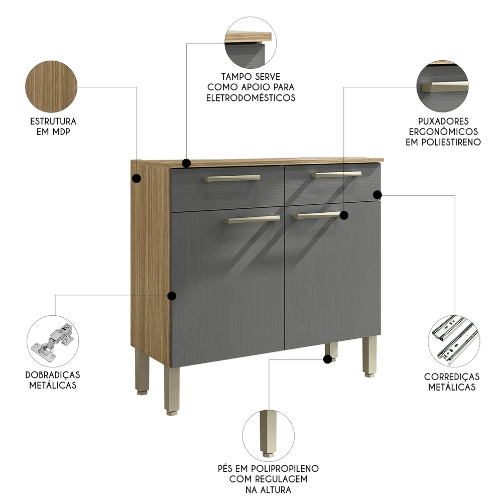 Balcão de Cozinha Com Tampo 91cm Vivian Freijó/Gris Z06 - Mpozenato