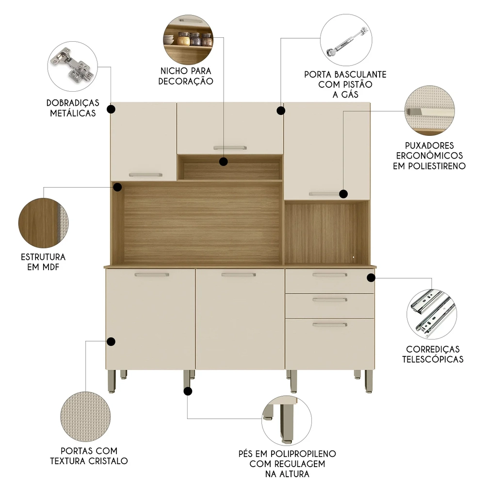 Armário de Cozinha Compacta 180cm Turim Plus Freijó/Soft Z06 - Mpozenato