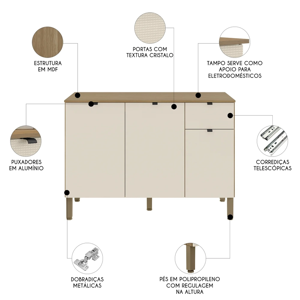 Balcão de Cozinha Com Tampo 3 Portas Laura Plus Soft/Freijó Z06 - Mpozenato