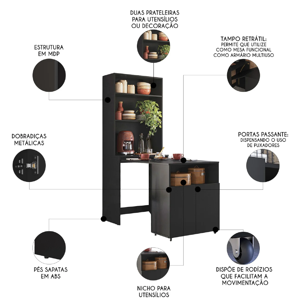 Mesa Bancada Gourmet Para Cozinha Salt Preto Z06 - Mpozenato