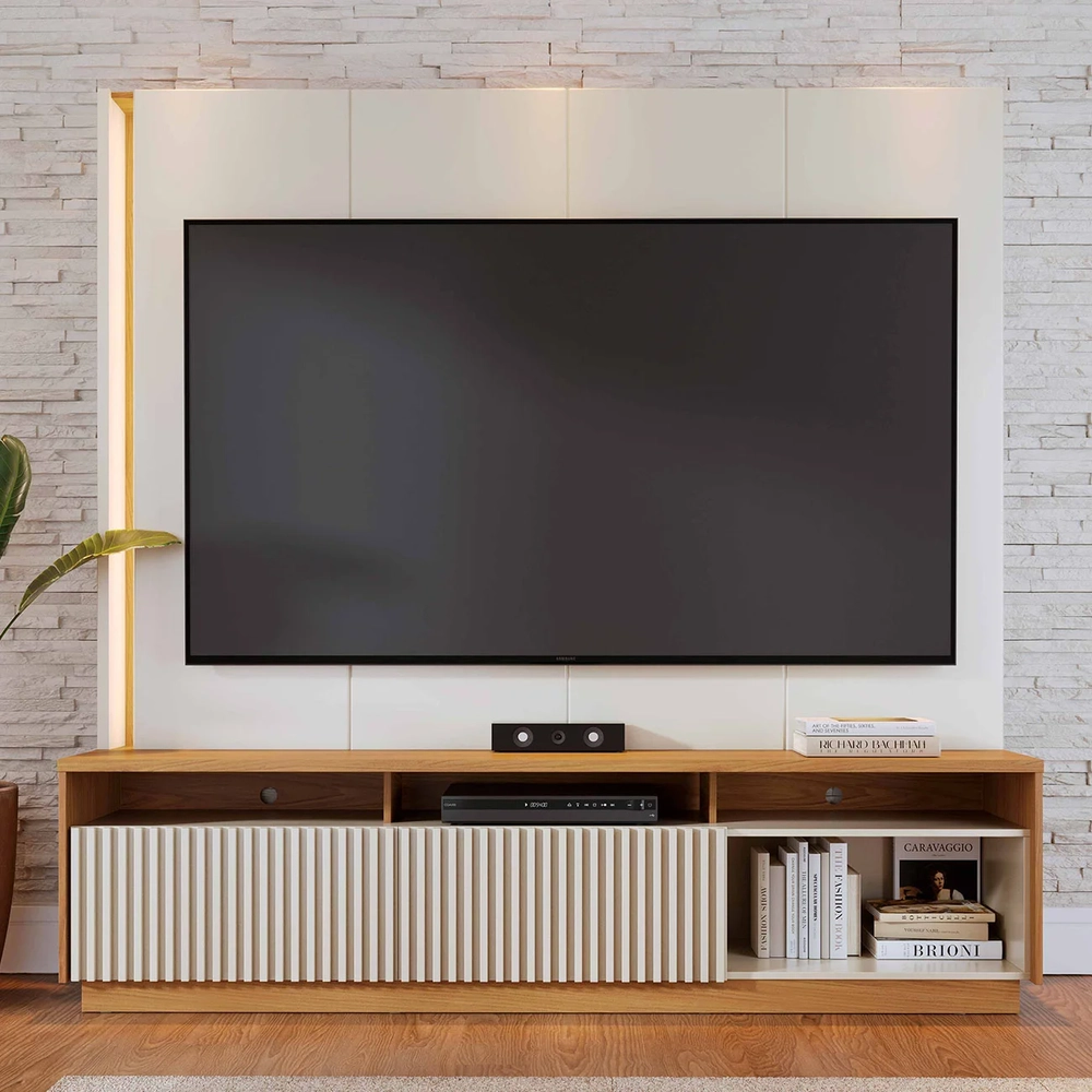 Estante Painel TV 75 Pol Com LED 200cm Mafra Freijó/Off White C05 - Mpozenato