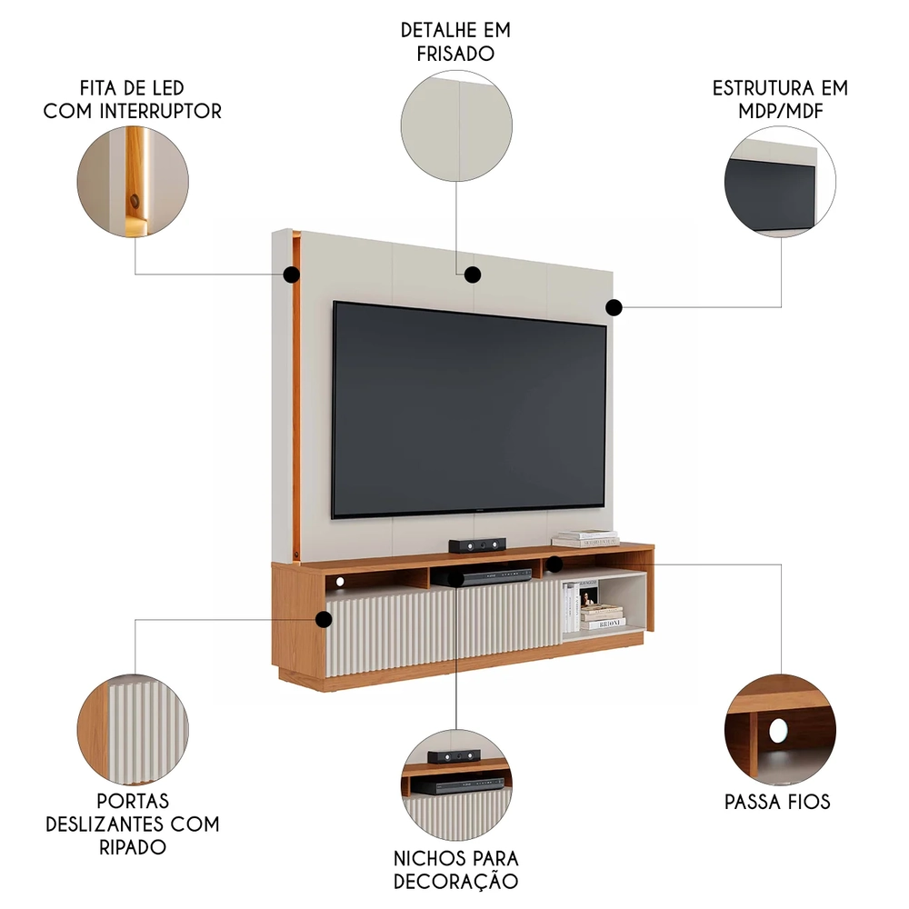 Estante Painel TV 75 Pol Com LED 200cm Mafra Freijó/Off White C05 - Mpozenato