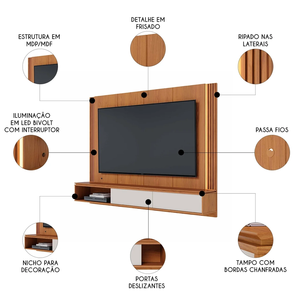 Painel TV 75 Pol e Bancada Suspensa Trento Freijó/Off White C05 - Mpozenato