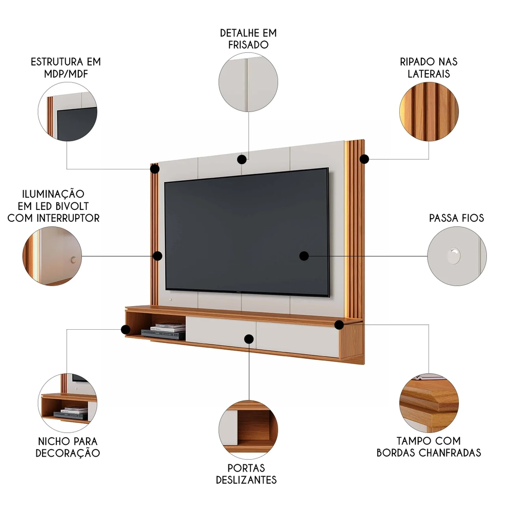 Painel TV 75 Pol e Bancada Suspensa Trento Off White/Freijó C05 - Mpozenato