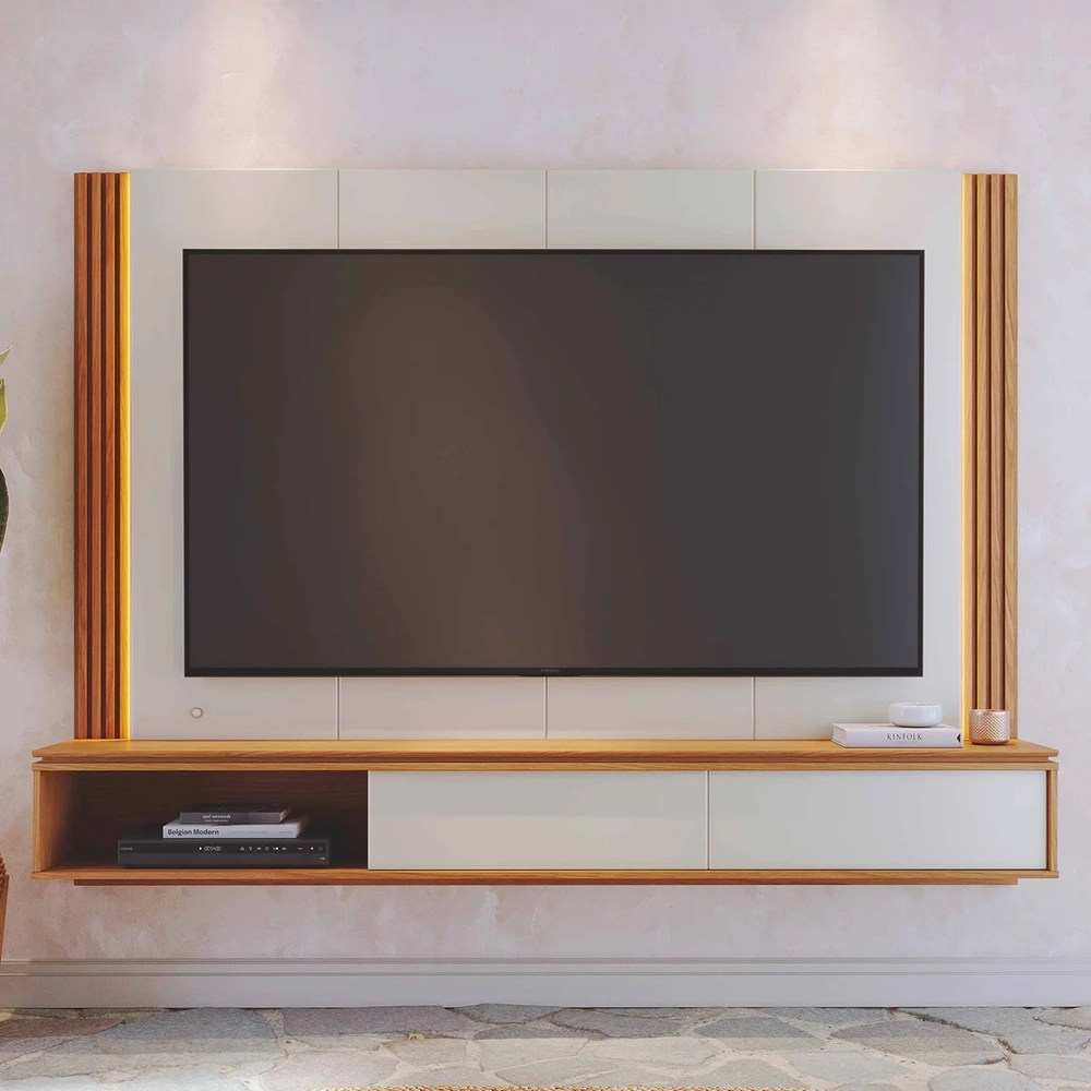 Painel TV 75 Pol e Bancada Suspensa Trento Off White/Freijó C05 - Mpozenato