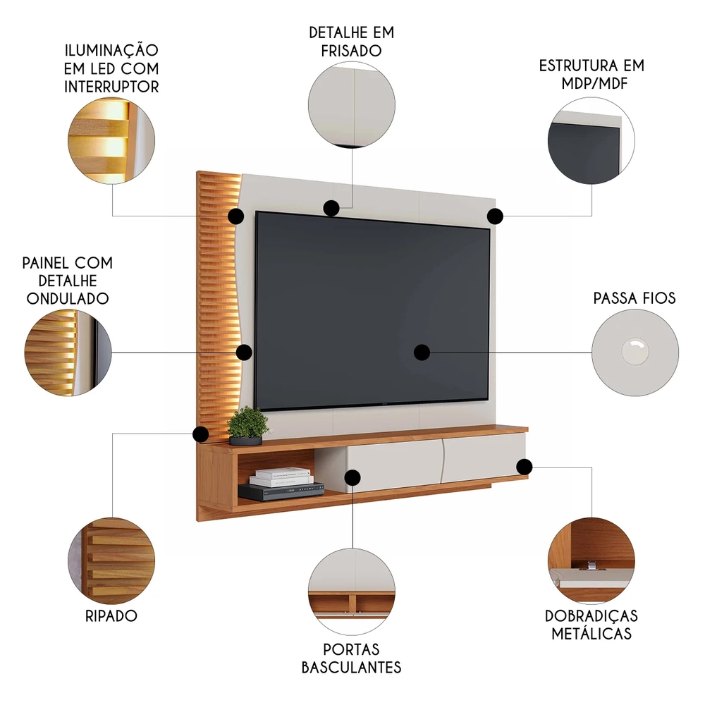 Painel TV 65 Pol e Bancada Suspensa Sintra Off White/Freijó C05 - Mpozenato