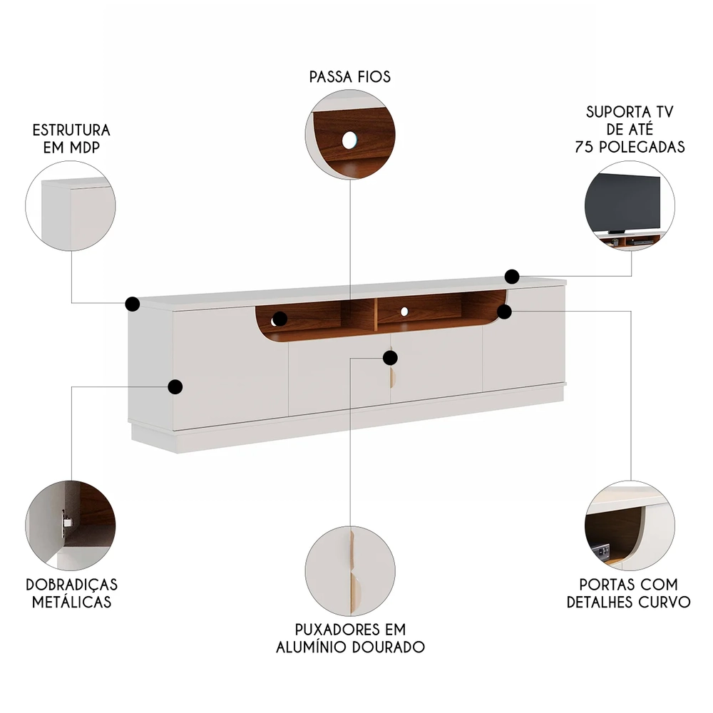 Rack Bancada Para TV 75 Pol 200cm Brescia Off White/Freijó C05 - Mpozenato