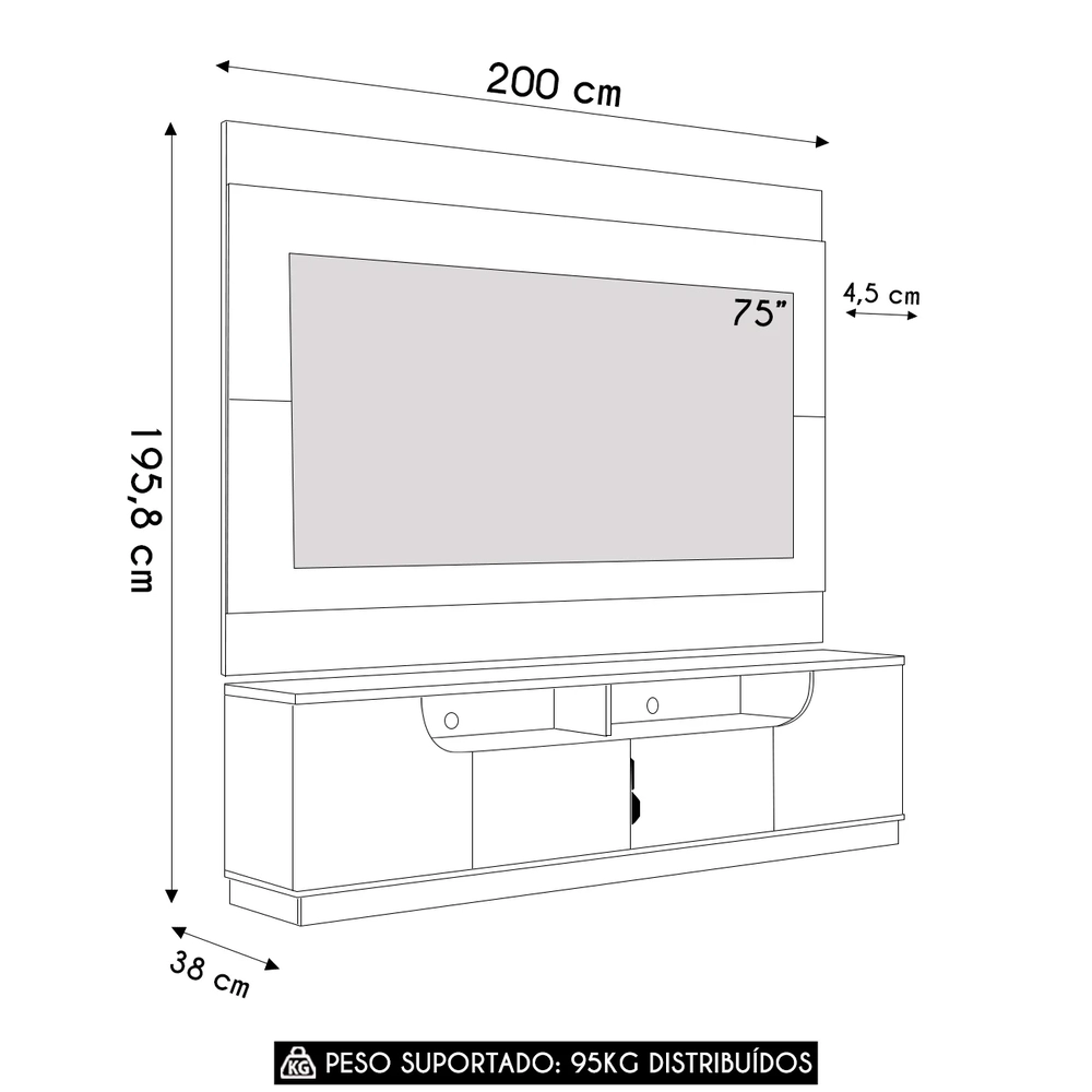 Painel TV 75 Pol Chile e Rack Brescia Off White/Freijó C05  - Mpozenato