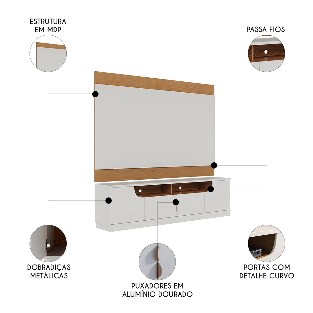 Painel TV 75 Pol Chile e Rack Brescia Off White/Freijó C05  - Mpozenato