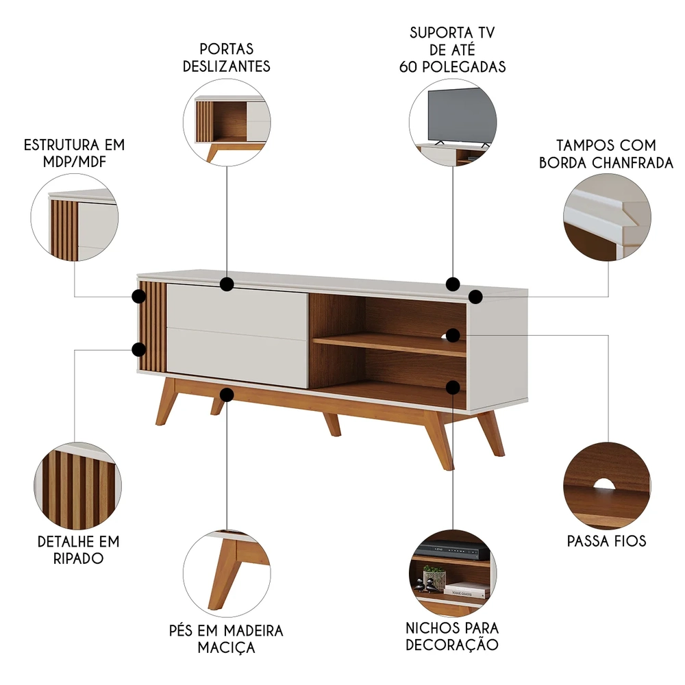Rack Bancada Para TV 60 Pol 160cm Diana Off White/Freijó C05 - Mpozenato