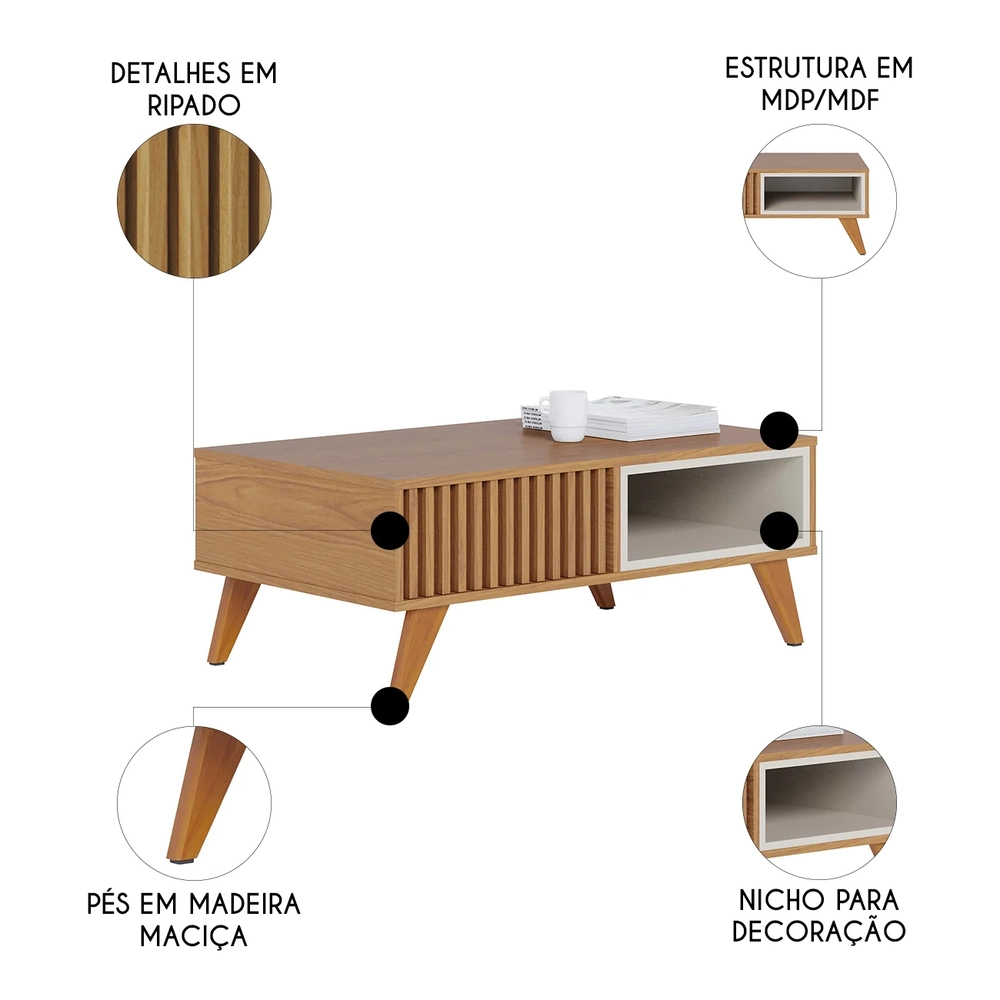 Mesa de Centro Para Sala Ripada Leo Freijó/Off White Matte C05 - Mpozenato