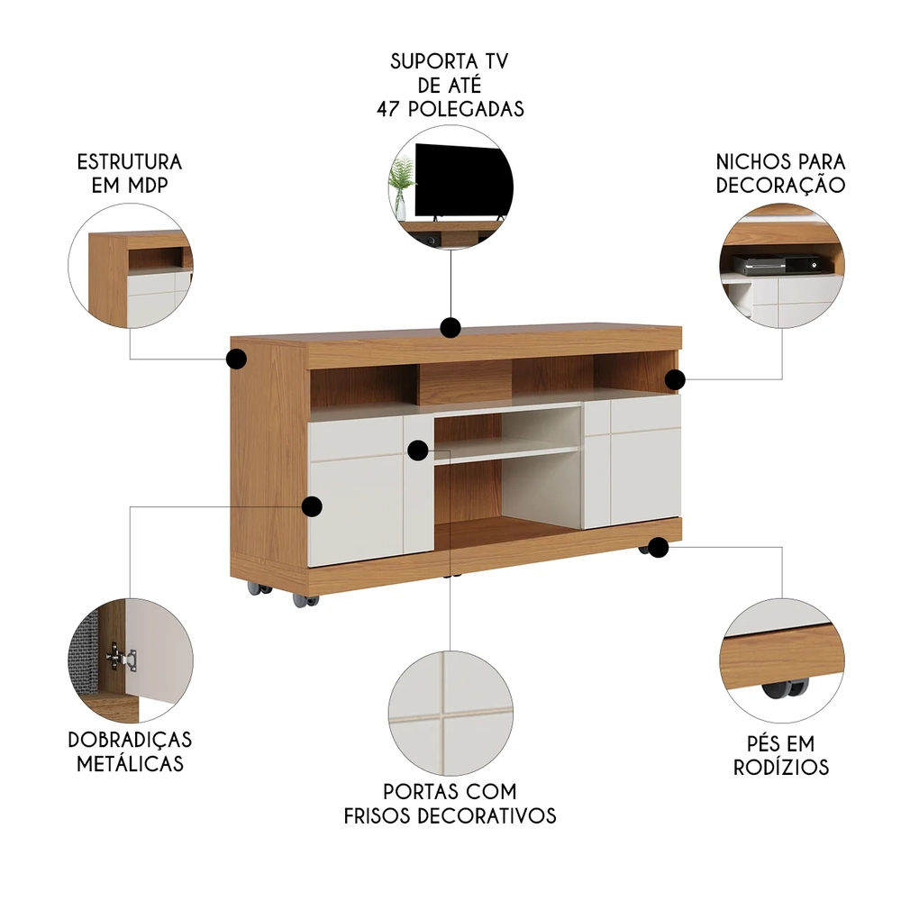 Rack Bancada Para TV 47 Pol 136cm Pavia Freijó/Off White C05 - Mpozenato
