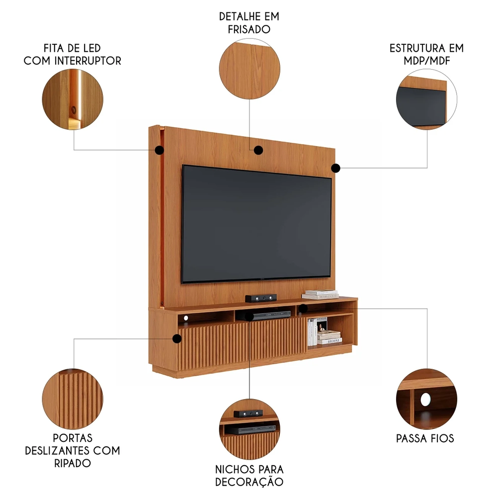 Estante Painel TV 75 Pol Com LED 200cm Mafra Freijó C05    - Mpozenato
