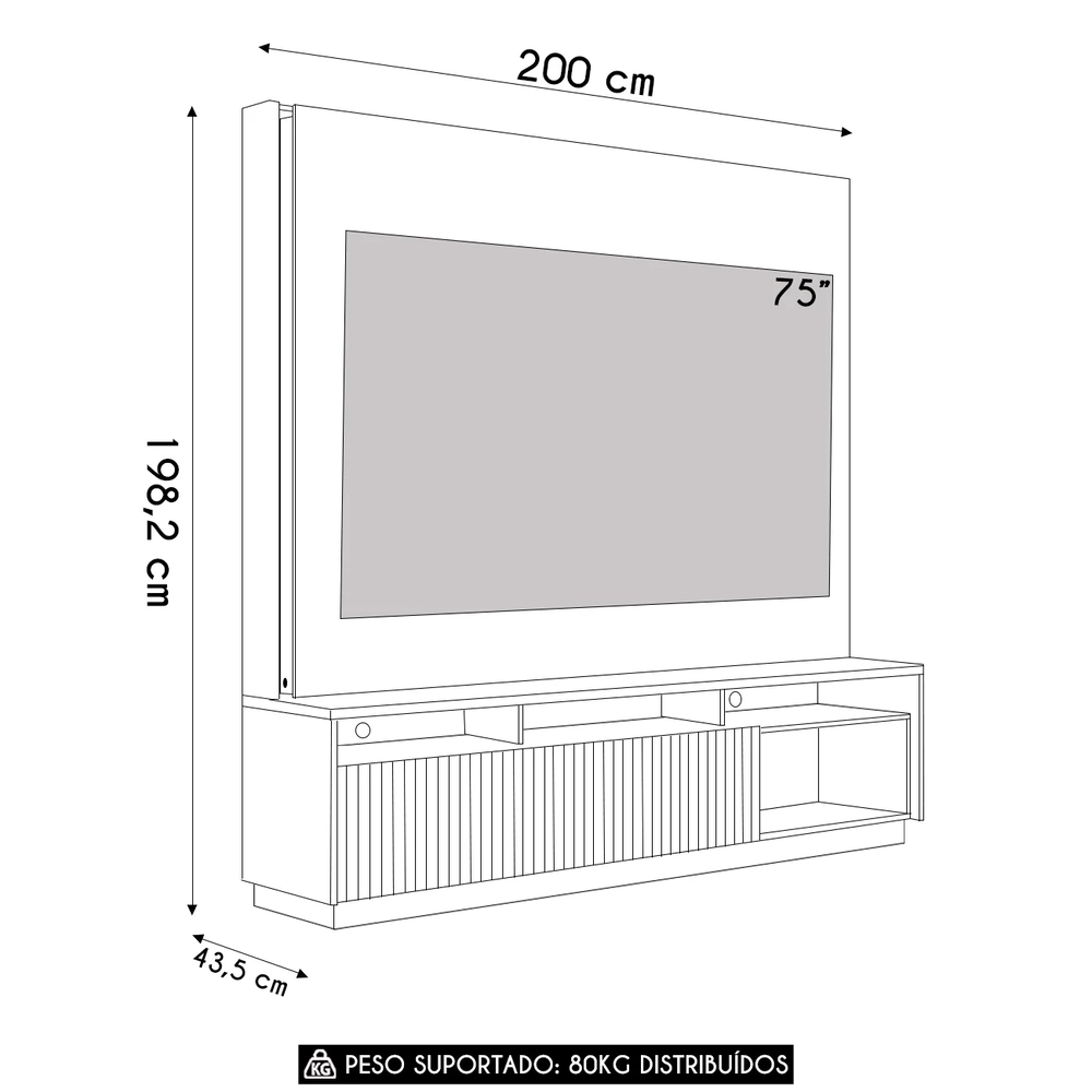 Estante Painel TV 75 Pol Com LED 200cm Mafra Freijó C05    - Mpozenato