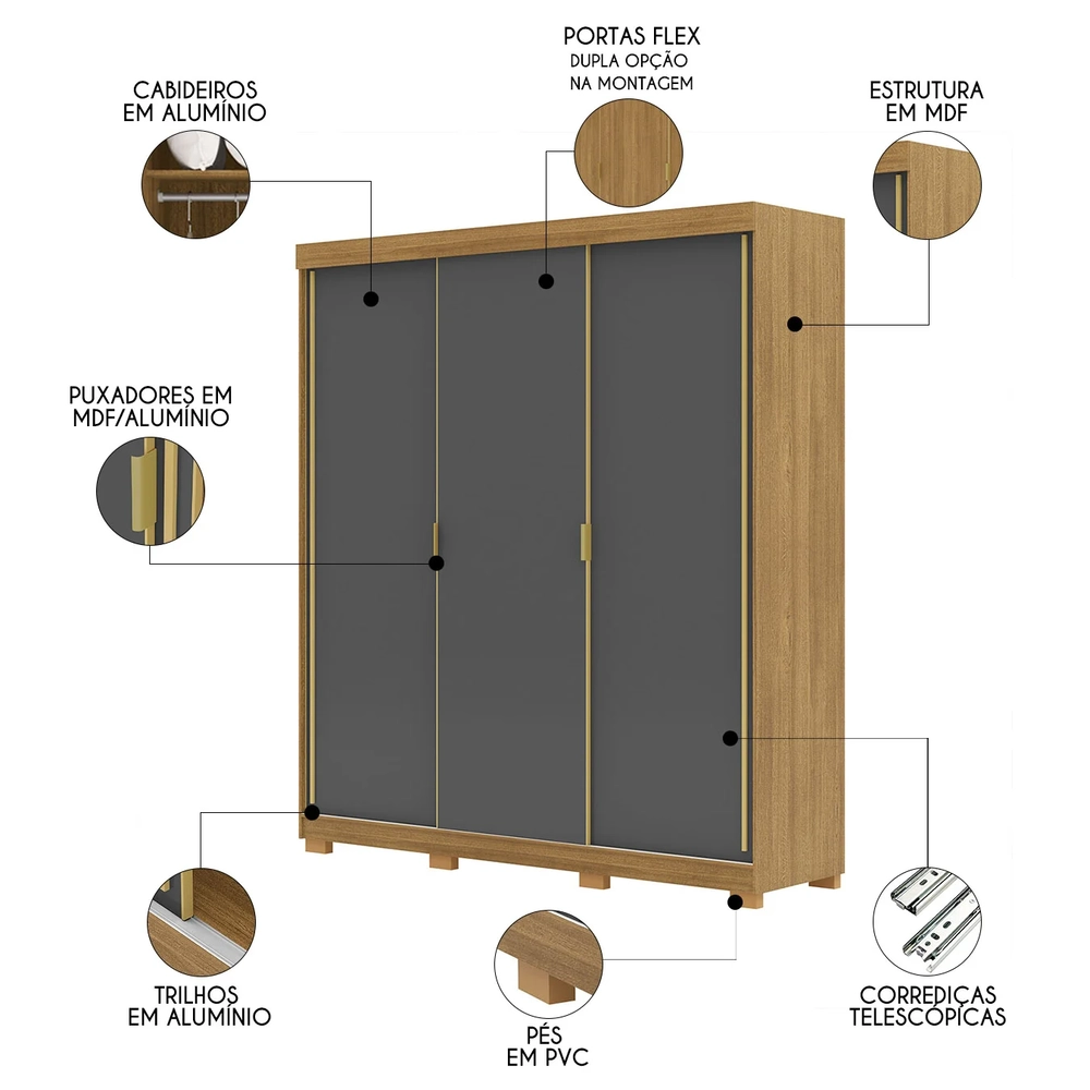 Guarda Roupa Casal 200cm 3 Portas Porto Flex Nature/Alasca - Vila Rica
