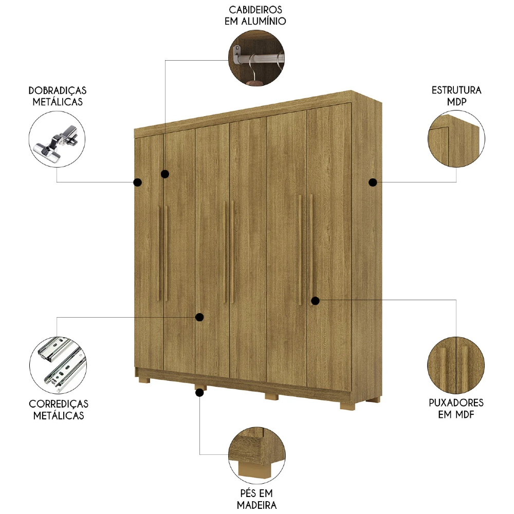 Guarda Roupa Casal 218cm 6 Portas Elegance Nature - Vila Rica
