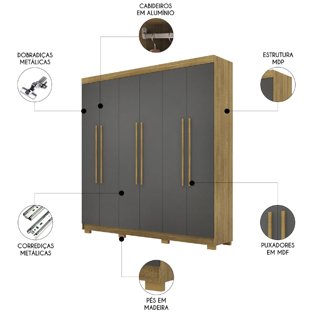Guarda Roupa Casal 218cm 6 Portas Elegance Nature/Alasca - Vila Rica