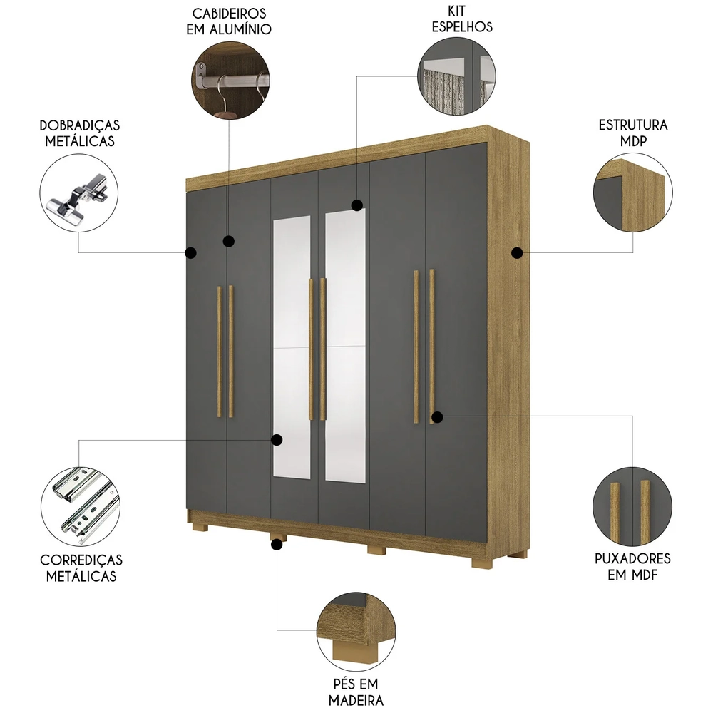 Guarda Roupa Casal 218cm Com Espelho Elegance Nature/Alasca - Vila Rica