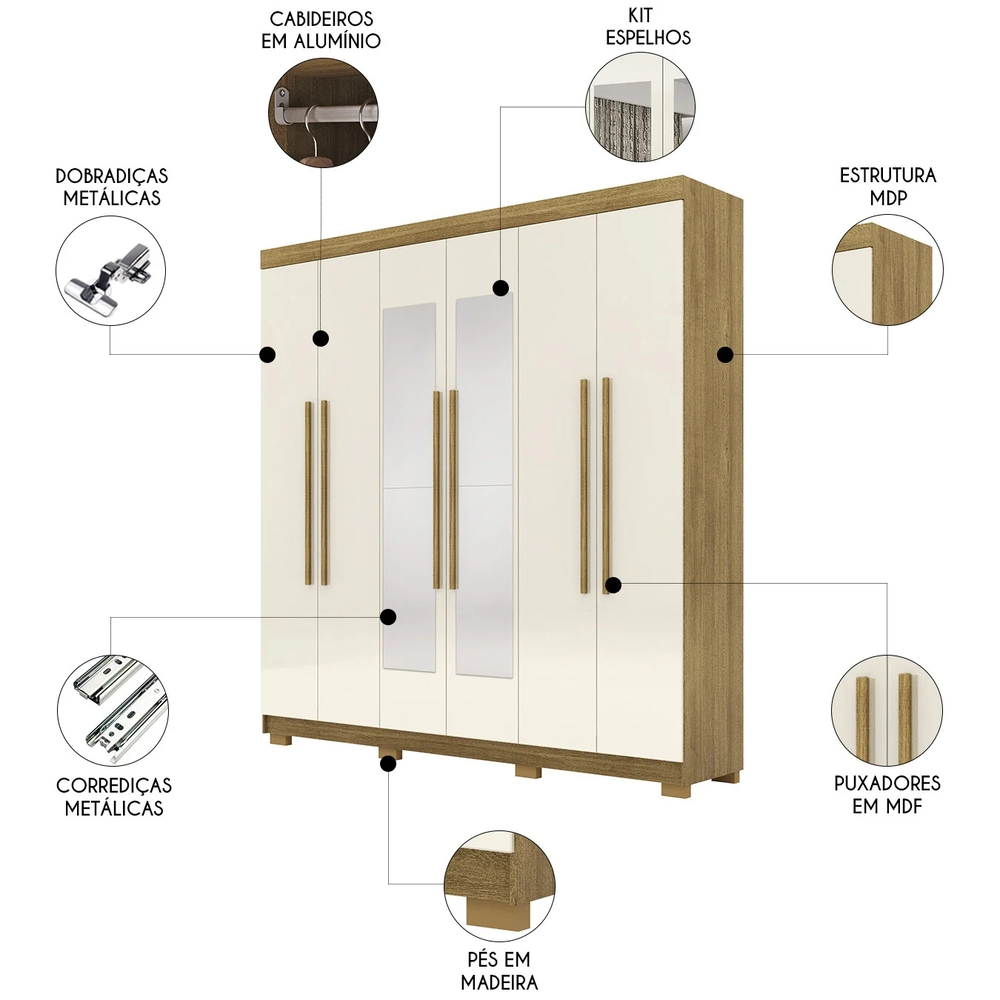 Guarda Roupa Casal 218cm Com Espelho Elegance Nature/Champanhe - Vila Rica