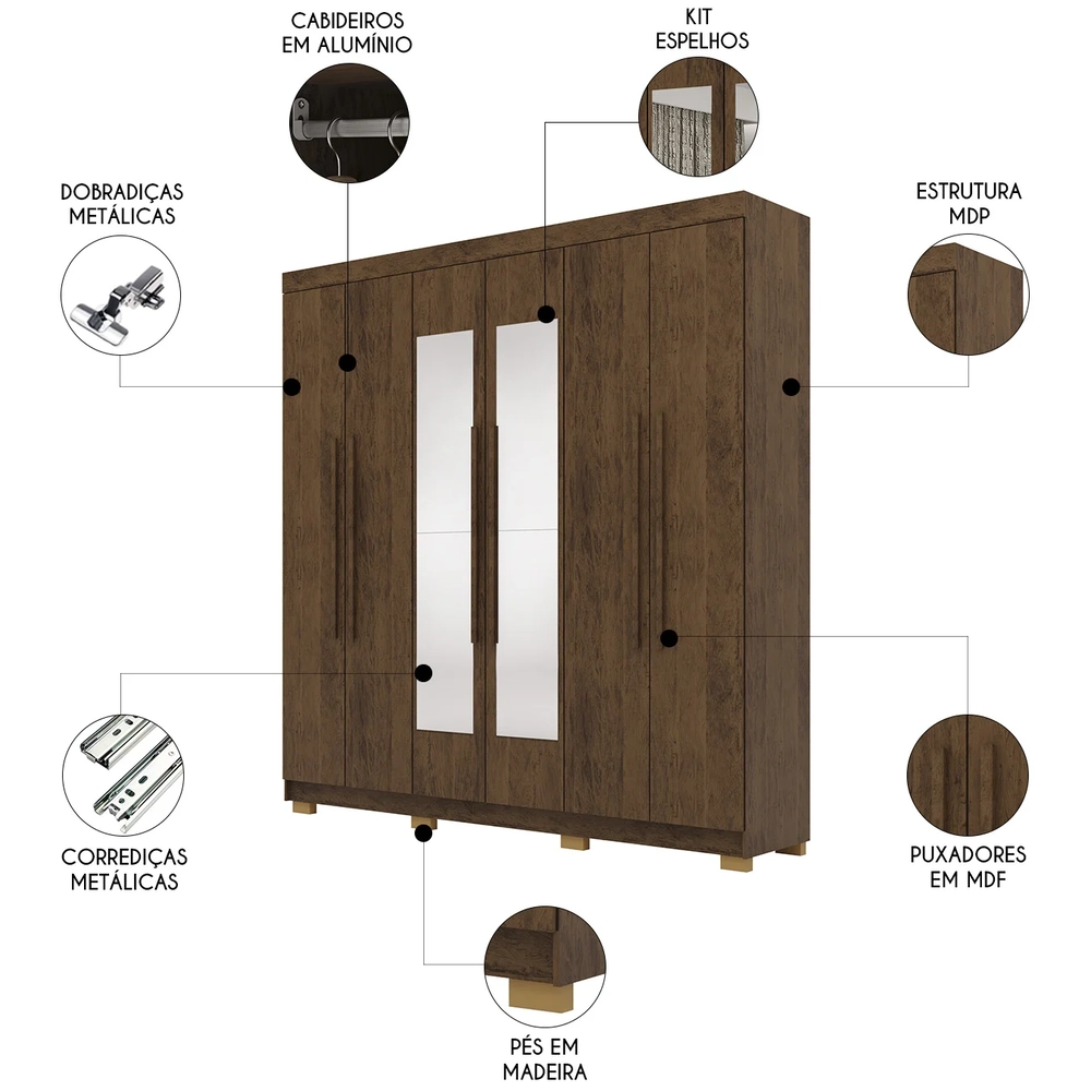 Guarda Roupa Casal 218cm Com Espelho Elegance Imbuia Rústico - Vila Rica