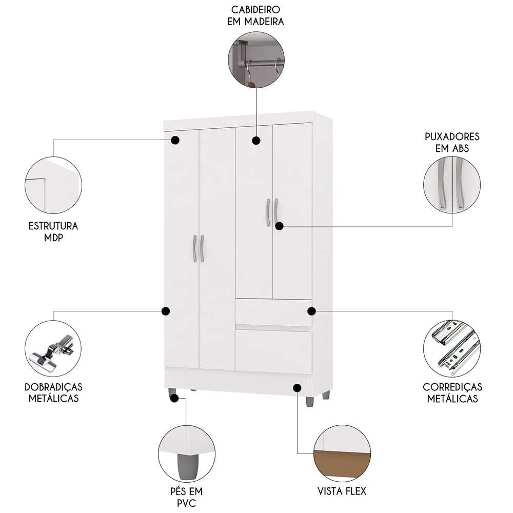 Guarda Roupa Solteiro 103cm Com 4 Portas Ideal Flex Branco - Vila Rica