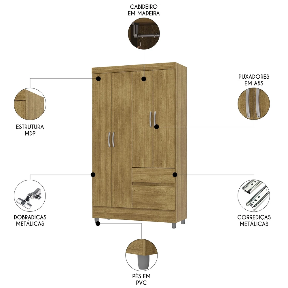 Guarda Roupa Solteiro 103cm Com 4 Portas Ideal Nature - Vila Rica