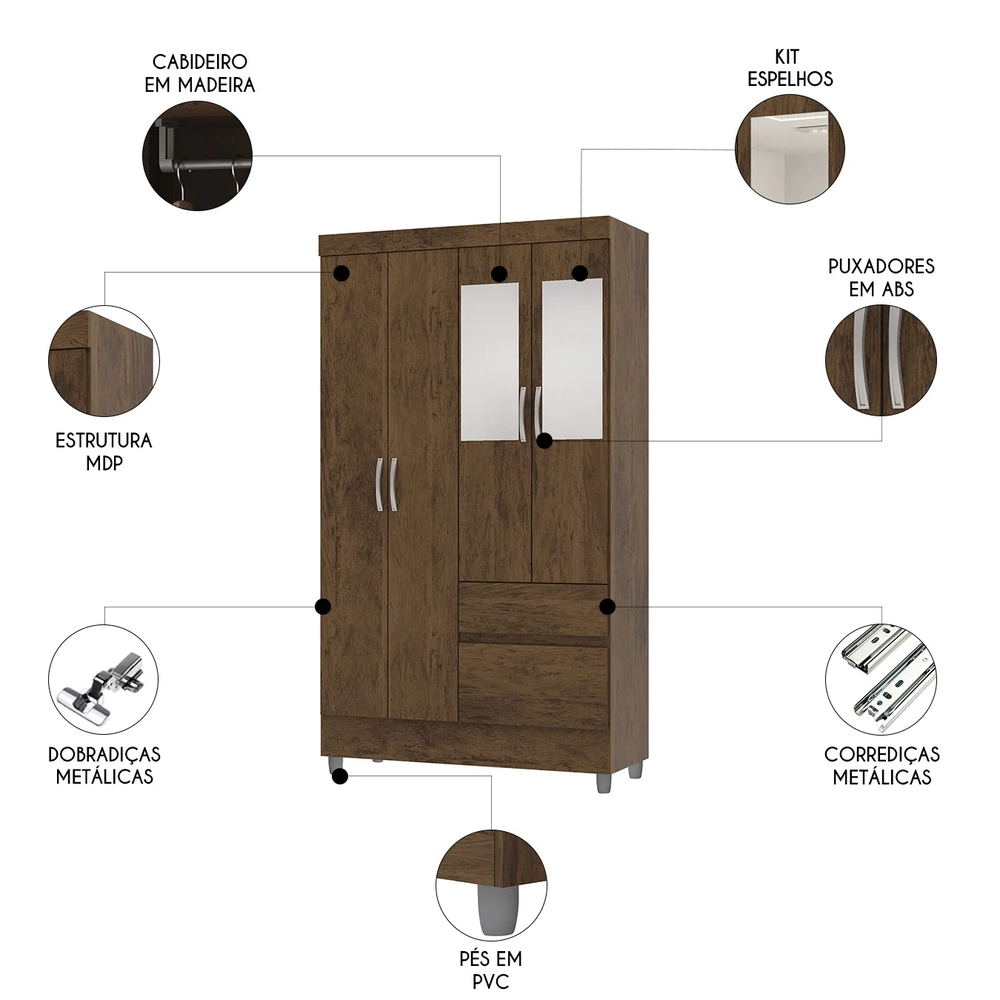 Guarda Roupa Solteiro 103cm Com Espelho Ideal Imbuia Rústico - Vila Rica