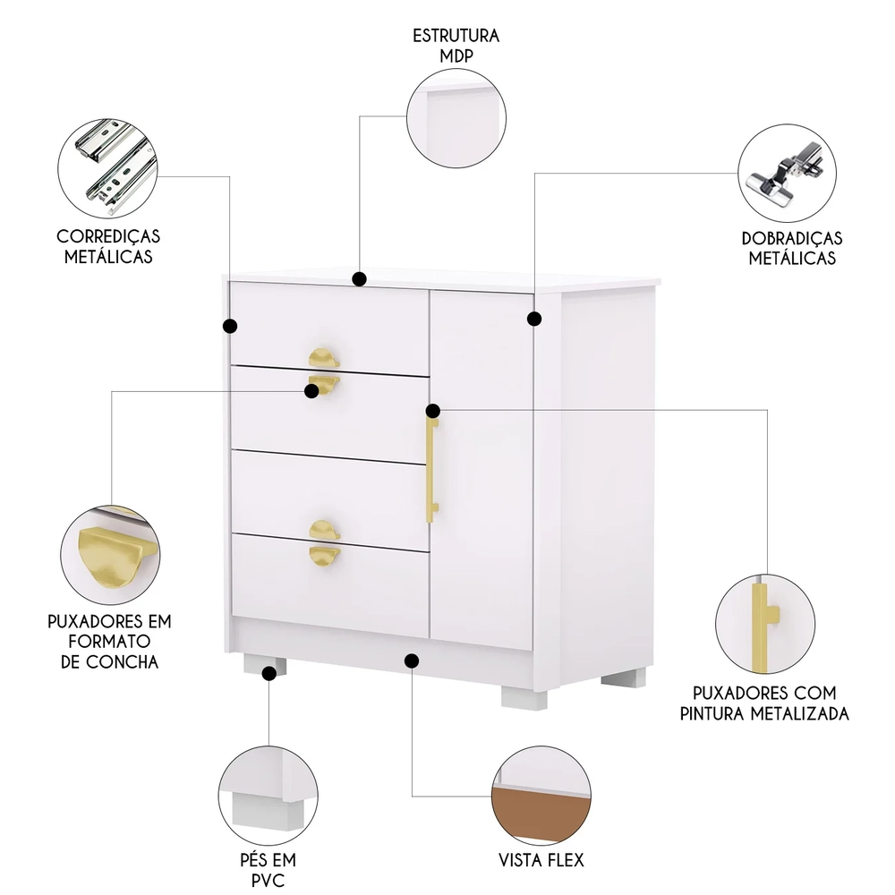 Cômoda Para Quarto 93cm Com 1 Porta Ilha Bela Flex Branco - Vila Rica